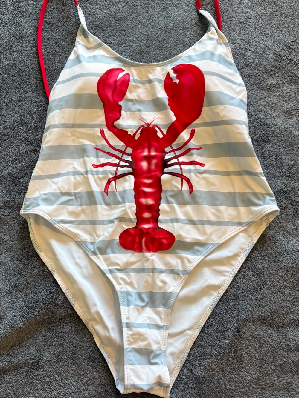 Striped One-Piece Swimsuit with Red Lobster Graphic